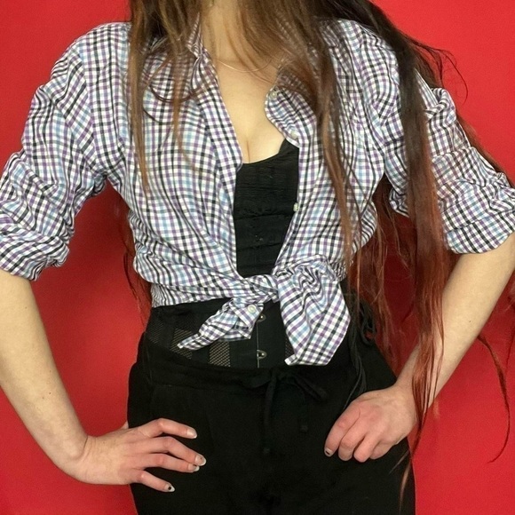 le chateau Tops - Purple and blue checkered button up 💜🩵​​​​​​​​​​​​​​​​